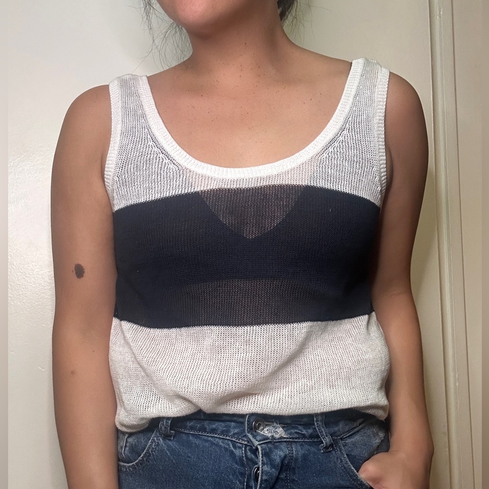 Open Knit Striped Linen Tank Top